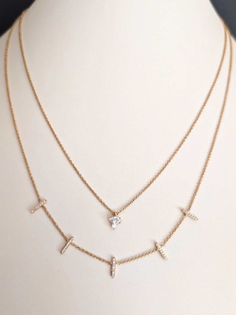 Delicate 2 strand layered gold tone necklace with cz accents
